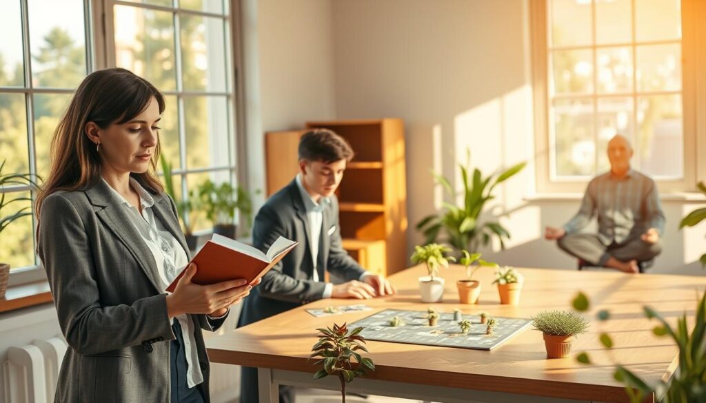A serene and inspiring workspace filled with natural light, depicting a diverse group of three individuals engaged in cognitive-boosting activities. In the foreground, a middle-aged woman in smart casual attire is reading a book, her expression focused and contemplative. The middle area features a young man, also dressed in casual business attire, solving a puzzle on a table, surrounded by plants that symbolize growth. In the background, an older gentleman is practicing mindfulness through meditation. Sunlight streams in through large windows, casting soft shadows that create a calm and uplifting atmosphere. The scene emphasizes collaboration and personal growth, highlighting practices that enhance cognitive reserve, with warm color tones to evoke a sense of tranquility and motivation. A serene and inspiring workspace filled with natural light, depicting a diverse group of three individuals engaged in cognitive-boosting activities. In the foreground, a middle-aged woman in smart casual attire is reading a book, her expression focused and contemplative. The middle area features a young man, also dressed in casual business attire, solving a puzzle on a table, surrounded by plants that symbolize growth. In the background, an older gentleman is practicing mindfulness through meditation. Sunlight streams in through large windows, casting soft shadows that create a calm and uplifting atmosphere. The scene emphasizes collaboration and personal growth, highlighting practices that enhance cognitive reserve, with warm color tones to evoke a sense of tranquility and motivation.