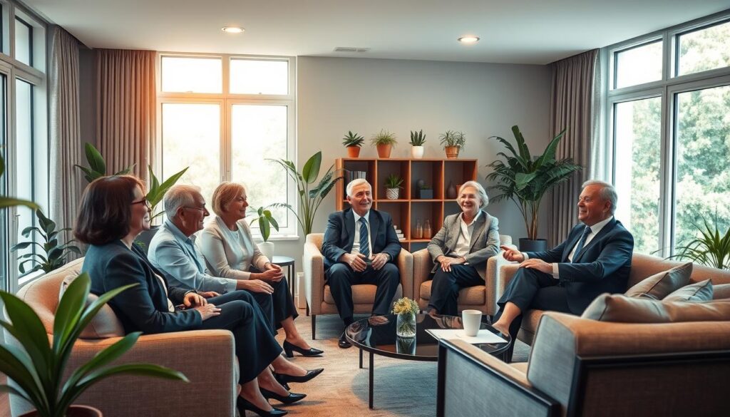 A serene and inviting therapy session room designed for Neurowellness practices, featuring a cozy seating area with modern furniture. In the foreground, a diverse group of elderly individuals, dressed in professional business attire, are engaged in an animated discussion, showcasing expressions of joy and inspiration. The middle ground displays calming decor, including plants and warm lighting, enhancing the atmosphere of well-being. In the background, large windows allow natural light to flood the space, creating an uplifting and peaceful environment. The overall mood is one of connection, empowerment, and creativity, emphasizing the positive impact of Neurowellness on productivity for individuals over 60. The image should convey a sense of hope and community, highlighting the transformative experiences shared by participants. A serene and inviting therapy session room designed for Neurowellness practices, featuring a cozy seating area with modern furniture. In the foreground, a diverse group of elderly individuals, dressed in professional business attire, are engaged in an animated discussion, showcasing expressions of joy and inspiration. The middle ground displays calming decor, including plants and warm lighting, enhancing the atmosphere of well-being. In the background, large windows allow natural light to flood the space, creating an uplifting and peaceful environment. The overall mood is one of connection, empowerment, and creativity, emphasizing the positive impact of Neurowellness on productivity for individuals over 60. The image should convey a sense of hope and community, highlighting the transformative experiences shared by participants.