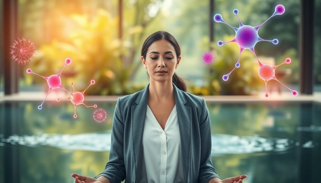 A serene and modern wellness space focused on neurowellness and dopamine balance. In the foreground, a professional woman, dressed in modest business attire, practices mindfulness meditation. Her expression is calm and focused, surrounded by soft, warm light. In the middle, there are abstract representations of neurotransmitters and neural connections, artistically rendered in vibrant colors to symbolize dopamine flow. The background features lush greenery and gentle, flowing water, illustrating a peaceful environment that enhances mental clarity and focus. The atmosphere should convey tranquility and renewal, with a soft bokeh effect highlighting the main subject while maintaining a harmonious blend of colors. Use a slight downward angle to emphasize the connection between the subject and her serene environment. A serene and modern wellness space focused on neurowellness and dopamine balance. In the foreground, a professional woman, dressed in modest business attire, practices mindfulness meditation. Her expression is calm and focused, surrounded by soft, warm light. In the middle, there are abstract representations of neurotransmitters and neural connections, artistically rendered in vibrant colors to symbolize dopamine flow. The background features lush greenery and gentle, flowing water, illustrating a peaceful environment that enhances mental clarity and focus. The atmosphere should convey tranquility and renewal, with a soft bokeh effect highlighting the main subject while maintaining a harmonious blend of colors. Use a slight downward angle to emphasize the connection between the subject and her serene environment.