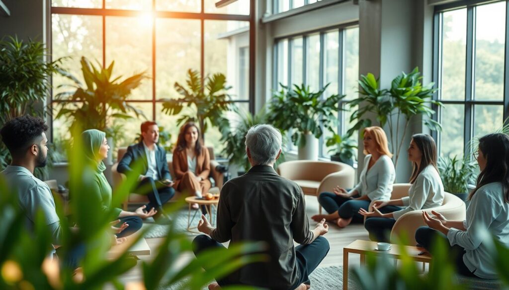 A serene and uplifting scene depicting the concept of emotional health, focusing on a diverse group of professionals in a modern, peaceful office environment. In the foreground, a calming circle of people engaged in mindfulness activities, wearing professional business attire or modest casual clothing. The middle ground features lush greenery and cozy seating areas that encourage relaxation and connection. The background showcases large windows letting in warm, natural light, with soft lens flares that create an inviting atmosphere. The overall mood is tranquil and supportive, emphasizing the importance of neurowellness and emotional well-being. The image should evoke feelings of harmony, productivity, and longevity in a work setting. A serene and uplifting scene depicting the concept of emotional health, focusing on a diverse group of professionals in a modern, peaceful office environment. In the foreground, a calming circle of people engaged in mindfulness activities, wearing professional business attire or modest casual clothing. The middle ground features lush greenery and cozy seating areas that encourage relaxation and connection. The background showcases large windows letting in warm, natural light, with soft lens flares that create an inviting atmosphere. The overall mood is tranquil and supportive, emphasizing the importance of neurowellness and emotional well-being. The image should evoke feelings of harmony, productivity, and longevity in a work setting.