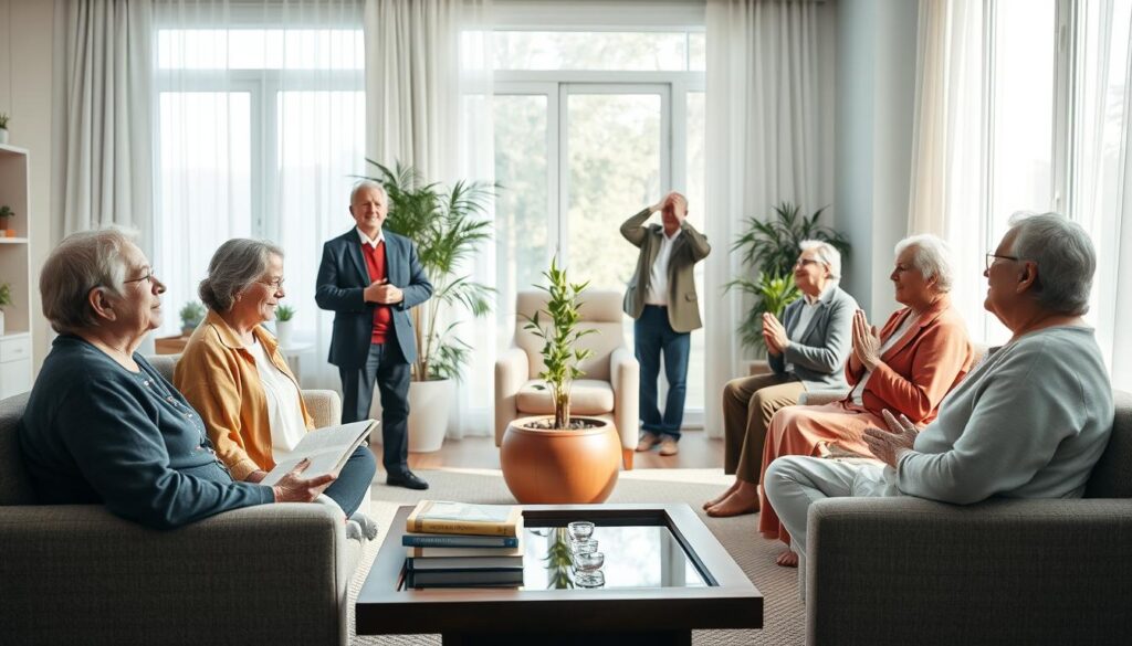 A serene living room setting that embodies the concept of Neurowellness in daily practices for seniors. In the foreground, a diverse group of elderly individuals, dressed in comfortable yet professional attire, engage in wholesome activities like meditation, reading, and light stretching. The middle ground features a cozy armchair with wellness books, a small indoor plant, and a calming water feature, enhancing the atmosphere of tranquility. In the background, large windows let in soft, natural light, illuminating the space and creating a warm, inviting ambiance. The scene captures a sense of independence and self-care, highlighting the importance of mental and physical wellness at advanced ages, with soothing colors and a harmonious composition that evokes a peaceful state of being. A serene living room setting that embodies the concept of Neurowellness in daily practices for seniors. In the foreground, a diverse group of elderly individuals, dressed in comfortable yet professional attire, engage in wholesome activities like meditation, reading, and light stretching. The middle ground features a cozy armchair with wellness books, a small indoor plant, and a calming water feature, enhancing the atmosphere of tranquility. In the background, large windows let in soft, natural light, illuminating the space and creating a warm, inviting ambiance. The scene captures a sense of independence and self-care, highlighting the importance of mental and physical wellness at advanced ages, with soothing colors and a harmonious composition that evokes a peaceful state of being.