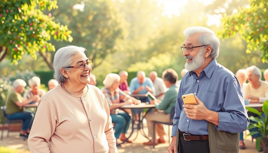 A vibrant illustration depicting social connections as a cerebral exercise, focusing on a diverse group of older adults, aged 70 to 80, engaging in various activities that foster interaction and mental stimulation. In the foreground, two elderly individuals, a man and a woman, are sharing a lighthearted conversation, both dressed in modest casual clothing. In the middle ground, small clusters of seniors are gathered around tables, playing games and discussing books, creating a sense of community. The background features beautiful greenery and soft, diffused sunlight filtering through trees, enhancing a warm and inviting atmosphere. The overall mood is lively and engaging, emphasizing the joy and vitality of social interactions. Ensure the composition is well-lit, with a slight depth of field to bring focus to the subjects while softly blurring the background. A vibrant illustration depicting social connections as a cerebral exercise, focusing on a diverse group of older adults, aged 70 to 80, engaging in various activities that foster interaction and mental stimulation. In the foreground, two elderly individuals, a man and a woman, are sharing a lighthearted conversation, both dressed in modest casual clothing. In the middle ground, small clusters of seniors are gathered around tables, playing games and discussing books, creating a sense of community. The background features beautiful greenery and soft, diffused sunlight filtering through trees, enhancing a warm and inviting atmosphere. The overall mood is lively and engaging, emphasizing the joy and vitality of social interactions. Ensure the composition is well-lit, with a slight depth of field to bring focus to the subjects while softly blurring the background.