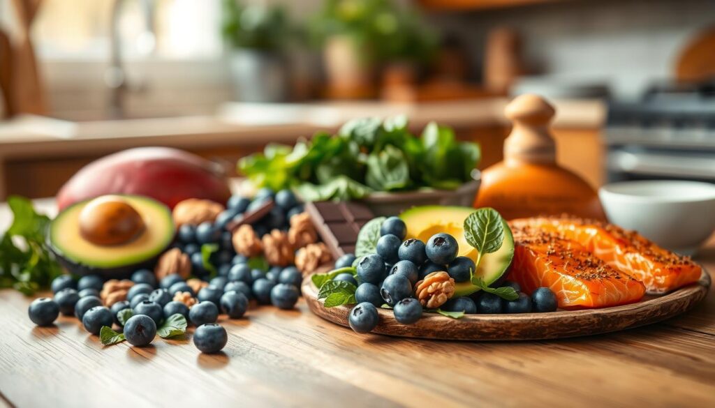A visually appealing and healthy arrangement of brain-boosting foods on a wooden table. In the foreground, showcase vibrant blueberries, avocados, walnuts, and dark chocolate, all artistically placed on a rustic plate. In the middle ground, include fresh spinach and salmon fillets, emphasizing their rich colors and textures. The background features a softly blurred kitchen setting with warm, natural lighting, creating a cozy atmosphere. Use a shallow depth of field to highlight the food while maintaining subtle hints of herbs and spices in the blurred area. The overall mood should be inviting and energizing, reflecting the importance of nutrition for brain health. A visually appealing and healthy arrangement of brain-boosting foods on a wooden table. In the foreground, showcase vibrant blueberries, avocados, walnuts, and dark chocolate, all artistically placed on a rustic plate. In the middle ground, include fresh spinach and salmon fillets, emphasizing their rich colors and textures. The background features a softly blurred kitchen setting with warm, natural lighting, creating a cozy atmosphere. Use a shallow depth of field to highlight the food while maintaining subtle hints of herbs and spices in the blurred area. The overall mood should be inviting and energizing, reflecting the importance of nutrition for brain health.