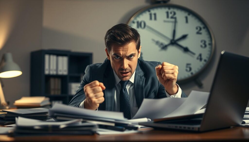 A visually striking representation of chronic stress affecting cognitive function. In the foreground, a business professional appears overwhelmed, with furrowed brows and clenched fists, seated at a desk strewn with papers and a laptop. In the middle ground, a large clock looms, its hands moving rapidly, symbolizing the relentless passage of time and pressure. The background features a blurred office environment with dim lighting and shadows, creating a sense of confinement and tension. Soft, cool tones dominate the color palette, evoking feelings of unease. A faint glow from a desk lamp casts dramatic shadows, enhancing the stressed atmosphere while highlighting the subject's anxious expression. Aim for a slightly low angle that captures the urgency and chaos of the scene. A visually striking representation of chronic stress affecting cognitive function. In the foreground, a business professional appears overwhelmed, with furrowed brows and clenched fists, seated at a desk strewn with papers and a laptop. In the middle ground, a large clock looms, its hands moving rapidly, symbolizing the relentless passage of time and pressure. The background features a blurred office environment with dim lighting and shadows, creating a sense of confinement and tension. Soft, cool tones dominate the color palette, evoking feelings of unease. A faint glow from a desk lamp casts dramatic shadows, enhancing the stressed atmosphere while highlighting the subject's anxious expression. Aim for a slightly low angle that captures the urgency and chaos of the scene.