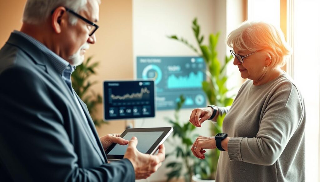 A modern healthcare setting focusing on elderly individuals using technology for better health management. In the foreground, an older man in professional attire is interacting with a tablet, displaying health metrics. Beside him, a woman in modest casual clothing is using a smartwatch, checking her heart rate. In the middle ground, a sleek digital display shows health analytics and reminders in a bright, inviting room filled with greenery. In the background, a warm-toned window lets in natural light, enhancing the atmosphere of well-being and positivity. The image should convey a sense of empowerment through technology, with soft lighting and an optimistic mood, reflecting the theme of longevity and modern health care innovations for seniors. A modern healthcare setting focusing on elderly individuals using technology for better health management. In the foreground, an older man in professional attire is interacting with a tablet, displaying health metrics. Beside him, a woman in modest casual clothing is using a smartwatch, checking her heart rate. In the middle ground, a sleek digital display shows health analytics and reminders in a bright, inviting room filled with greenery. In the background, a warm-toned window lets in natural light, enhancing the atmosphere of well-being and positivity. The image should convey a sense of empowerment through technology, with soft lighting and an optimistic mood, reflecting the theme of longevity and modern health care innovations for seniors.