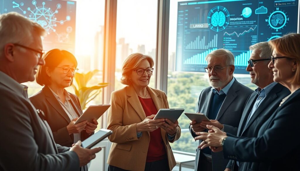 A modern workspace filled with vibrant technology symbols, focusing on the concept of "intelligent longevity". In the foreground, a diverse group of older adults, equipped with tablets and wearables, engage in collaborative learning, dressed in professional business attire. The middle ground features digital screens displaying neural networks and innovation graphs, while a warm, inviting light flows through large windows, creating a productive atmosphere. The background shows a futuristic cityscape with green spaces, symbolizing harmony between technology and nature. Use a slightly elevated angle to capture both the people and technology dynamics. The overall mood is one of innovation, wisdom, and interconnectedness, emphasizing the synergy of lifelong learning and intelligent longevity. A modern workspace filled with vibrant technology symbols, focusing on the concept of "intelligent longevity". In the foreground, a diverse group of older adults, equipped with tablets and wearables, engage in collaborative learning, dressed in professional business attire. The middle ground features digital screens displaying neural networks and innovation graphs, while a warm, inviting light flows through large windows, creating a productive atmosphere. The background shows a futuristic cityscape with green spaces, symbolizing harmony between technology and nature. Use a slightly elevated angle to capture both the people and technology dynamics. The overall mood is one of innovation, wisdom, and interconnectedness, emphasizing the synergy of lifelong learning and intelligent longevity.