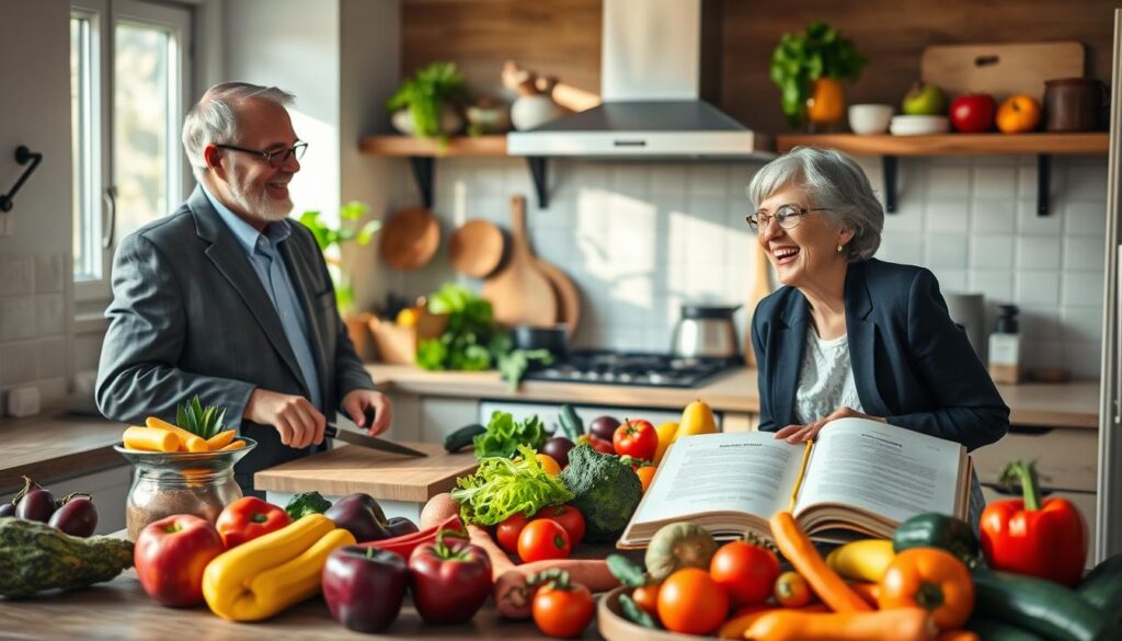 A serene kitchen setting filled with colorful fruits and vegetables representing longevity and nutrition. In the foreground, a senior man and woman, dressed in professional business attire, are preparing a healthy meal together, laughing and enjoying the process. In the middle, a well-organized countertop with cutting boards, a variety of fresh ingredients, and healthy cookbooks open to nutritious recipes. The background features warm, natural lighting streaming through a window, illuminating the vibrant colors of the food. The atmosphere is joyful and collaborative, emphasizing the importance of nutrition in promoting health and longevity. Use a wide-angle lens to capture the entire scene in detail, conveying a sense of warmth and community. A serene kitchen setting filled with colorful fruits and vegetables representing longevity and nutrition. In the foreground, a senior man and woman, dressed in professional business attire, are preparing a healthy meal together, laughing and enjoying the process. In the middle, a well-organized countertop with cutting boards, a variety of fresh ingredients, and healthy cookbooks open to nutritious recipes. The background features warm, natural lighting streaming through a window, illuminating the vibrant colors of the food. The atmosphere is joyful and collaborative, emphasizing the importance of nutrition in promoting health and longevity. Use a wide-angle lens to capture the entire scene in detail, conveying a sense of warmth and community.