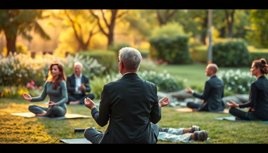 A serene scene depicting the concept of 'intelligent longevity' through mindfulness. In the foreground, a diverse group of individuals, dressed in professional business attire, engage in a mindful meditation practice, sitting on yoga mats in a tranquil park setting. The middle ground features vibrant greenery, with blooming flowers and a gentle flowing stream, symbolizing health and vitality. In the background, soft, golden sunlight filters through the trees, creating a warm and inviting atmosphere. The composition is balanced, with an emphasis on connection between mind and body, evoking feelings of peace, longevity, and holistic wellness. The lighting is soft and diffused, capturing a tranquil early morning ambiance, inviting viewers to reflect on the benefits of mindfulness for a longer, healthier life. A serene scene depicting the concept of 'intelligent longevity' through mindfulness. In the foreground, a diverse group of individuals, dressed in professional business attire, engage in a mindful meditation practice, sitting on yoga mats in a tranquil park setting. The middle ground features vibrant greenery, with blooming flowers and a gentle flowing stream, symbolizing health and vitality. In the background, soft, golden sunlight filters through the trees, creating a warm and inviting atmosphere. The composition is balanced, with an emphasis on connection between mind and body, evoking feelings of peace, longevity, and holistic wellness. The lighting is soft and diffused, capturing a tranquil early morning ambiance, inviting viewers to reflect on the benefits of mindfulness for a longer, healthier life.