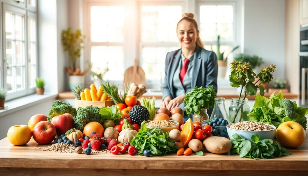 A vibrant and colorful depiction of a balanced nutrition table showcasing a variety of healthy foods to represent disease prevention, set against a bright, airy kitchen. In the foreground, a wooden table is adorned with fresh fruits like apples and berries, leafy greens, whole grains, and lean proteins arranged aesthetically. In the middle, a person in professional business attire is joyfully preparing a nutritious meal, radiating a sense of health and vitality. The background features large windows allowing natural light to flood in, enhancing the warm and inviting atmosphere. The composition emphasizes an environment of longevity and well-being, underscored by soft, diffused lighting that creates an uplifting mood. A vibrant and colorful depiction of a balanced nutrition table showcasing a variety of healthy foods to represent disease prevention, set against a bright, airy kitchen. In the foreground, a wooden table is adorned with fresh fruits like apples and berries, leafy greens, whole grains, and lean proteins arranged aesthetically. In the middle, a person in professional business attire is joyfully preparing a nutritious meal, radiating a sense of health and vitality. The background features large windows allowing natural light to flood in, enhancing the warm and inviting atmosphere. The composition emphasizes an environment of longevity and well-being, underscored by soft, diffused lighting that creates an uplifting mood.