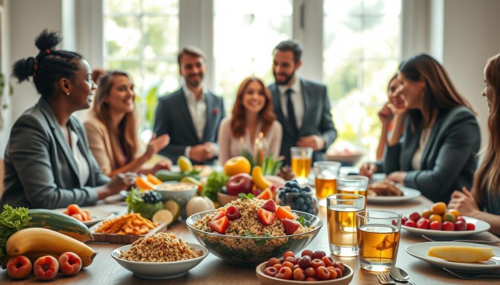 A vibrant, healthy dining scene featuring a colorful array of fresh fruits, vegetables, and whole grains artfully arranged on a beautifully set table. In the foreground, a diverse group of professionals is engaging in discussion, showcasing their enthusiasm for nutrition and wellness, dressed in smart casual attire. In the middle, the table highlights dishes such as a hearty quinoa salad, a platter of bright berries, and herbal teas, symbolizing a healthy lifestyle. The background features soft, natural lighting filtering through a large window that opens to a lush garden, creating a serene and inviting atmosphere. The overall mood conveys joy and a sense of community centered around healthy eating and longevity. A vibrant, healthy dining scene featuring a colorful array of fresh fruits, vegetables, and whole grains artfully arranged on a beautifully set table. In the foreground, a diverse group of professionals is engaging in discussion, showcasing their enthusiasm for nutrition and wellness, dressed in smart casual attire. In the middle, the table highlights dishes such as a hearty quinoa salad, a platter of bright berries, and herbal teas, symbolizing a healthy lifestyle. The background features soft, natural lighting filtering through a large window that opens to a lush garden, creating a serene and inviting atmosphere. The overall mood conveys joy and a sense of community centered around healthy eating and longevity.