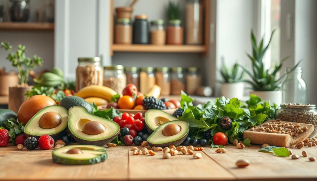 A vibrant, healthy food scene showcasing an array of colorful fruits, vegetables, and whole foods in an elegant, modern kitchen setting. In the foreground, a wooden table is adorned with cut sections of fresh avocados, berries, leafy greens, and nuts, radiating a sense of vitality. In the middle ground, a well-organized pantry can be seen, containing jars of grains and legumes, symbolizing sustainable nutrition. The background features soft, natural lighting streaming through a window, illuminating the scene and creating a warm and inviting atmosphere. A subtle focus on the textures of the food enhances the image, while cozy plants add a touch of life. The mood conveys wellness and a commitment to lifelong health through nutritious eating. A vibrant, healthy food scene showcasing an array of colorful fruits, vegetables, and whole foods in an elegant, modern kitchen setting. In the foreground, a wooden table is adorned with cut sections of fresh avocados, berries, leafy greens, and nuts, radiating a sense of vitality. In the middle ground, a well-organized pantry can be seen, containing jars of grains and legumes, symbolizing sustainable nutrition. The background features soft, natural lighting streaming through a window, illuminating the scene and creating a warm and inviting atmosphere. A subtle focus on the textures of the food enhances the image, while cozy plants add a touch of life. The mood conveys wellness and a commitment to lifelong health through nutritious eating.