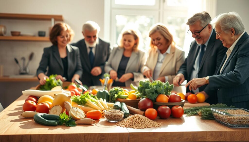 A warm and inviting kitchen scene featuring a diverse group of older adults engaged in preparing healthy meals together. In the foreground, showcase a wooden kitchen table laden with fresh fruits, vegetables, and whole grains, emphasizing nutrition as a key to longevity. In the middle ground, depict the individuals, dressed in professional business attire, joyfully chopping ingredients and sharing tips on healthy eating. The background features bright, natural light flooding through a window, illuminating the vibrant colors of the produce. Soft shadows cast by the sunlight create a welcoming atmosphere, conveying a sense of community and wellbeing. Capture the moment from a slight overhead angle to highlight the activity and collaboration within the scene.
