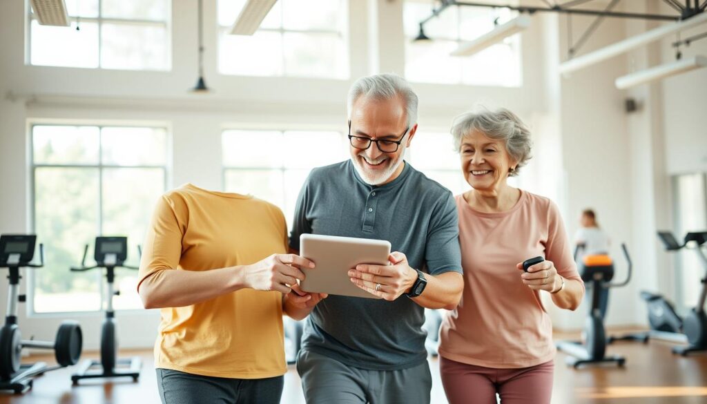 An active senior couple engaged in physical exercise while using modern technology, set in a bright, spacious indoor gym. The foreground features the elderly couple in modest, casual workout attire, smiling as they interact with fitness apps on a tablet, demonstrating a balance of traditional exercise and innovation. In the middle ground, various exercise equipment and smart devices, like fitness trackers and virtual trainers, emphasize the integration of technology in their fitness routine. The background includes large windows allowing natural light to flood in, creating an uplifting atmosphere. Capture the scene from a slightly elevated angle, focusing on their joyful expressions and the harmonious blend of fitness and technology for a vibrant, inspiring mood.
