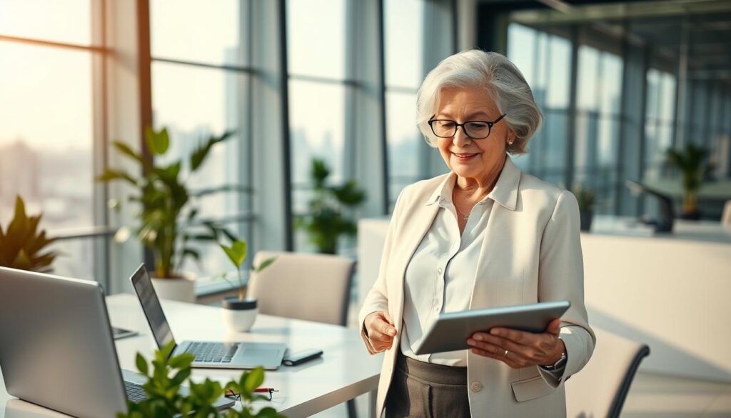 An elderly entrepreneur, a gracious woman in professional attire, stands confidently in a modern workspace surrounded by advanced technology. In the foreground, she is engaged with a tablet, analyzing data with a thoughtful expression. The middle ground showcases a sleek desk with a laptop, innovative gadgets like smart assistants, and plants symbolizing growth and longevity. The background reveals a bright, airy office filled with large windows that let in natural light, contrasting against a soft, blurred city skyline. The scene exudes an atmosphere of empowerment and positivity, highlighting the blend of experience and modern technology. The lighting is warm and inviting, creating a sense of hope and inspiration for the future. An elderly entrepreneur, a gracious woman in professional attire, stands confidently in a modern workspace surrounded by advanced technology. In the foreground, she is engaged with a tablet, analyzing data with a thoughtful expression. The middle ground showcases a sleek desk with a laptop, innovative gadgets like smart assistants, and plants symbolizing growth and longevity. The background reveals a bright, airy office filled with large windows that let in natural light, contrasting against a soft, blurred city skyline. The scene exudes an atmosphere of empowerment and positivity, highlighting the blend of experience and modern technology. The lighting is warm and inviting, creating a sense of hope and inspiration for the future.