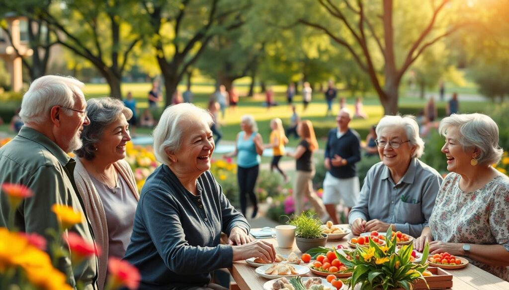 An inspiring scene depicting active longevity through vibrant social interactions. In the foreground, a diverse group of older adults, dressed in comfortable yet professional casual clothing, share joyful laughter while engaging in a lively conversation over a table filled with healthy food. In the middle, lush greenery and colorful flowers suggest a thriving community park, filled with people participating in various activities like yoga and walking. The background features gentle sunlight filtering through the trees, creating a warm and inviting atmosphere. The image captures a sense of connection and vitality, showcasing the heart of social relationships that contribute to a fulfilling, long life. Aim for a bright and uplifting mood, with soft focus on the edges to highlight the central group. An inspiring scene depicting active longevity through vibrant social interactions. In the foreground, a diverse group of older adults, dressed in comfortable yet professional casual clothing, share joyful laughter while engaging in a lively conversation over a table filled with healthy food. In the middle, lush greenery and colorful flowers suggest a thriving community park, filled with people participating in various activities like yoga and walking. The background features gentle sunlight filtering through the trees, creating a warm and inviting atmosphere. The image captures a sense of connection and vitality, showcasing the heart of social relationships that contribute to a fulfilling, long life. Aim for a bright and uplifting mood, with soft focus on the edges to highlight the central group.